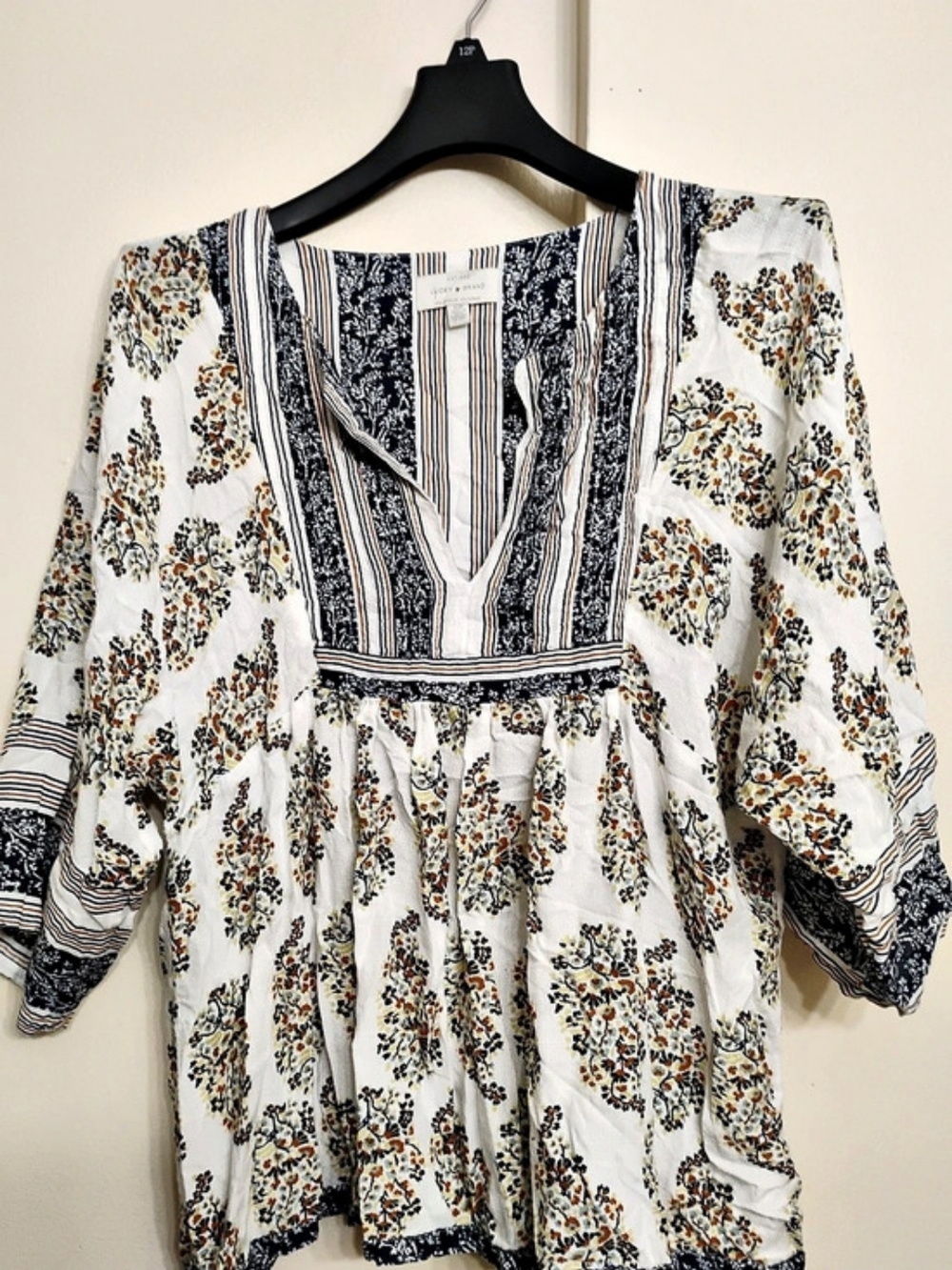 Lucky Brand Mixed Print Peasant Tunic Top White & Blue Small